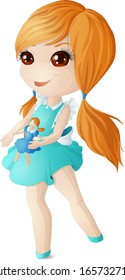 A red-haired girl in a blue dress is playing with a doll. Vector illustration.