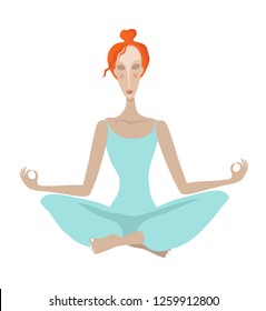 the red-haired girl in a blue suit meditates, does yoga