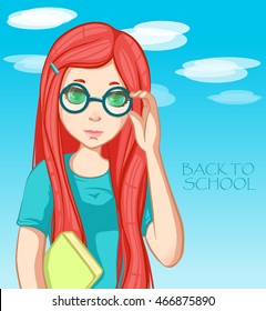 Red-haired girl with book. Cartoon character. Back to school.