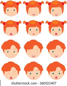 Red-haired girl and boy emotions: joy, surprise, fear, sadness, sorrow, crying, laughing, cunning wink. Vector cartoon illustration