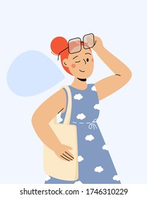 red-haired girl with bright hair and glasses winks, woman with an eco bag shopper on her shoulder in a blue dress, summer mood, isolated on a blue background vector flat illustration eps