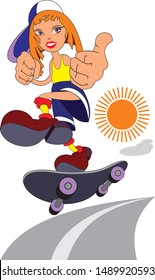 
Red-haired girl in a cap rides on a skateboard and rejoices. Fictional characters and story.