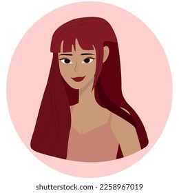 A red-haired girl in a cartoon style. Portrait of a beautiful girl in half-turn. Avatar for social networks. Fashion and beauty. Bright vector illustration in flat style. Girl on pink  background