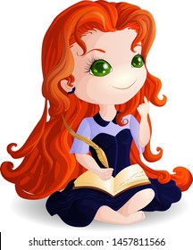 Red-haired girl Chibi in a blue dress, writes in a diary. Isolated vector illustration.