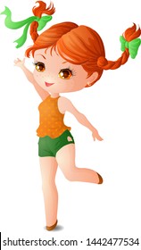 Red-haired girl Chibi with two pigtails, in green shorts and an orange tunic.