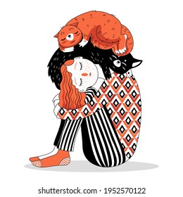 Red-haired girl with closed eyes sitting with a ginger cat and a black cat. Illustration for a postcard, poster, print.