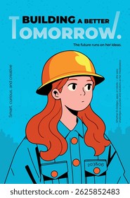 Red-haired girl in construction helmet with text “Building a better tomorrow,” symbolizing growth and future.