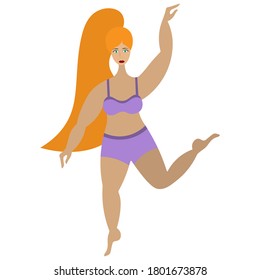 Red-haired girl dancing. Plus size model. Body positive. Vector illustration. Isolated white background. Confident woman in sportswear. Lady with hair pulled back in a ponytail. Flat style. 