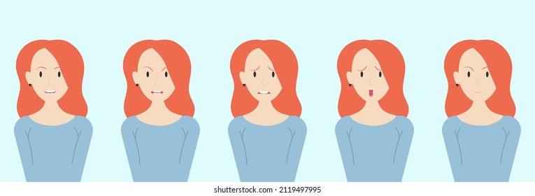 red-haired girl with different emotions on a blue background joy anger fear surprise