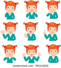Red-haired girl doubts, rejoices, angry and gives advice. Cartoon illustration