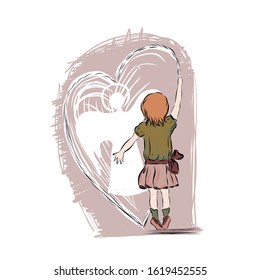 Red-haired girl draws an angel on wall. Young artist. 