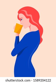 Red-haired girl drinks a hot drink from a cup. Profile of a standing woman in a tight-fitting dress. Vector flat illustration