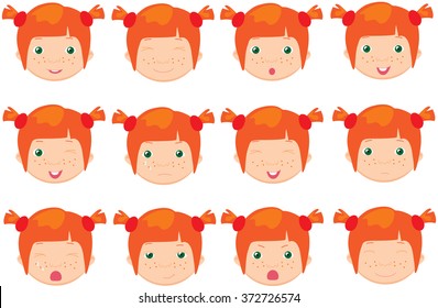Red-haired girl emotions: joy, surprise, fear, sadness, sorrow, crying, laughing, cunning wink. Vector cartoon illustration