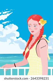 Red-Haired Girl Enjoying the Summer View by the Ocean