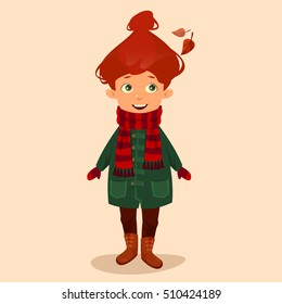 Red-haired girl enthusiastically looking at the leaves. She's in a striped scarf, green jacket and brown pants. The girl has big eyes. She smiles. Vector cartoon illustration