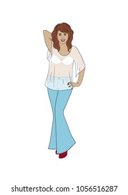 Red-haired girl in flared trousers. Cartoon style. Vector illustration