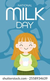 red-haired girl with freckles in green clothes with a glass of milk on national milk day