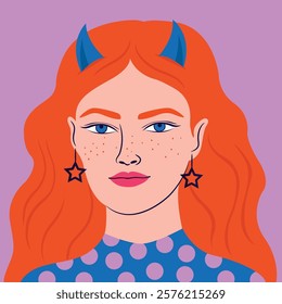 Red-haired girl with freckles and horns