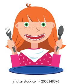 Chica de cabello rojo frente a un plato vacío con una cuchara y tenedor en las manos.