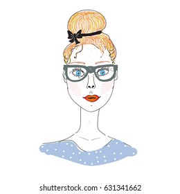 red-haired girl with glasses, vector illustration about fashion, blouse with polka dot design, girl with a hairdress, hand drawn red-haired woman