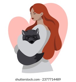 A red-haired girl with a gray fox in her hands on a white background with a heart. A girl with an animal caring for her neighbor. Animals in the hands of a redhead. Portrait of a cartoon girl