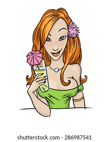 red-haired girl in green dress is drinking cocktail - vector hand drawing series of comic illustrations
