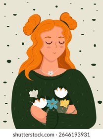 Red-haired girl in green sweater holding bouquet of spring flowers on dotted background. Romantic illustration, girl has relaxed face, closed eyes