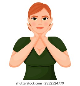 a red-haired girl in a green T-shirt does exercises for the face, facefitness, faceyoga