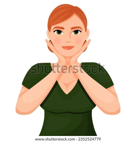 a red-haired girl in a green T-shirt does exercises for the face, facefitness, faceyoga