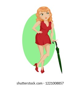 Red-haired girl with a green umbrella. Charming character in cartoon pin-up style. Vector illustration.