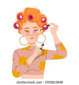 Red-haired Girl with Hair Curlers Putting on Mascara Vector Illustration