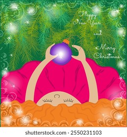 red-haired girl hangs a New Year's ball on the Christmas tree, cute greeting card from an unusual angle, vector illustration, postcard for friends