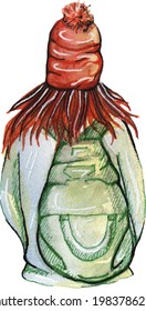 A red-haired girl in a hat and with a backpack stands with her back.  Watercolor drawing translated into vector on a transparent background.