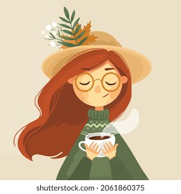 red-haired girl in a hat drinks autumn tea.