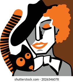 red-haired girl in a hat with a funny cat