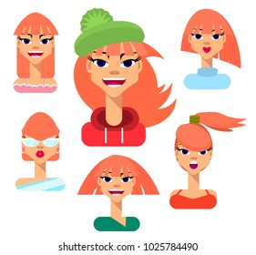 red-haired girl in hat, set with different hairstyles, cheerful girl, cartoon character, cute avatar, flat image