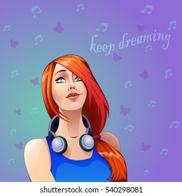 red-haired girl with headphones cartoon illustration