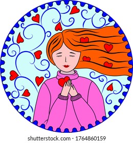 Red-haired girl with a heart in her hands. Cute face with a smile and eyes closed. In a pink sweater. Blue background with blue curls and hearts. Vector illustration.