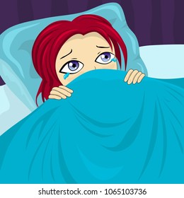 The red-haired girl hides her face under a blanket.