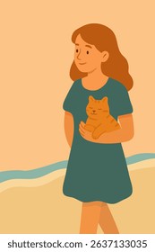 Red-haired girl holding a cat in her arms. Vector stock illustration eps10.