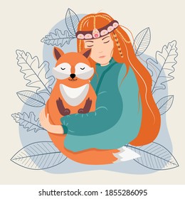 
Red-haired girl holding a fox in her arms. Background with leaves. Vector illustration. 