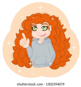 Red-haired girl with an idea, the awareness of something important. The girl shows a finger that she has come up with some important idea and is ready to share it.