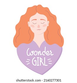 Chica de cabello rojo. La inscripción "Mujer Maravilla". Autocuidado, icono del amor propio o concepto positivo del cuerpo. Mujer feliz. Ilustración vectorial del Día Internacional de la Mujer.