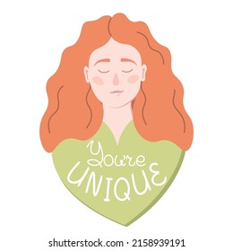 Chica de cabello rojo. La inscripción "Eres único". Autocuidado, icono del amor propio o concepto positivo del cuerpo. Mujer feliz. Ilustración vectorial del Día Internacional de la Mujer.