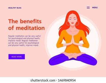 Red-haired girl levitates in the lotus position. Meditation and yoga. Website template and landing page. Vector flat illustration