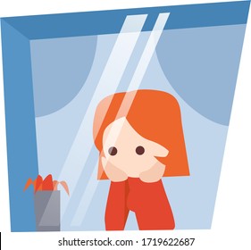 The red-haired girl looks at the street from the window.