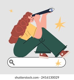 A red-haired girl looks through a telescope on the search bar. Young woman looking through a telescope at a search bar with flowers. Searching, finding, web surfing, searching opportunities concept. C