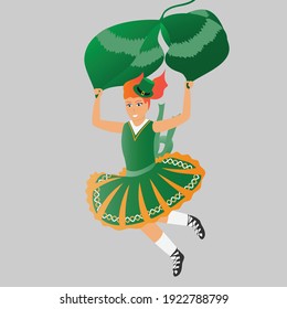 
Red-haired girl in national Irish dress flies with a four-leaf clover.
