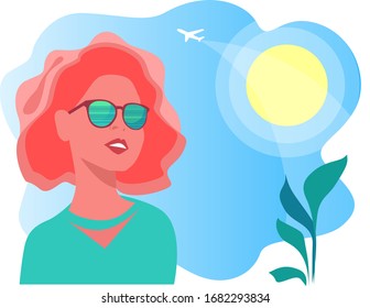 
red-haired girl on the background of the sunny sky and the plane taking off