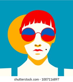 Redhaired girl on blue background with sunglasses, fashion vector illustration.